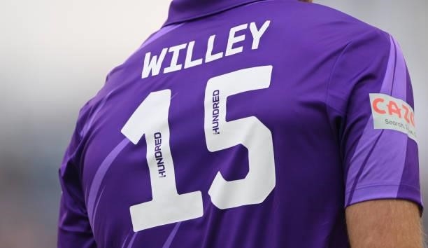 Detail of the numbers on the playing shirt of Superchargers bowler David Willey during The Hundred match between Northern Superchargers Men and Welsh...