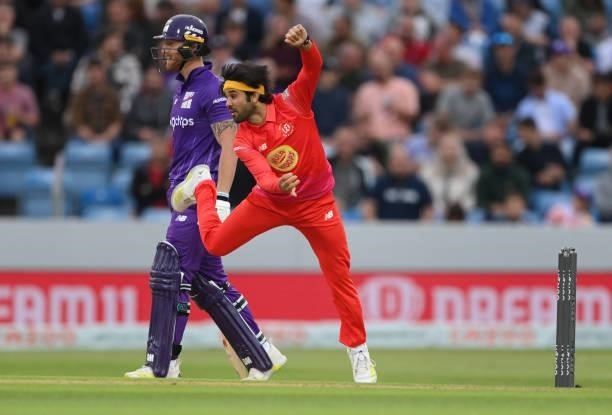 Welsh Fire bowler Qais Ahmad in action during The Hundred match between Northern Superchargers Men and Welsh Fire Men at Emerald Headingley Stadium...