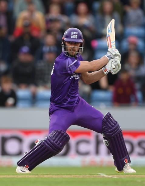 Superchargers batsman Chris Lynn hits out during The Hundred match between Northern Superchargers Men and Welsh Fire Men at Emerald Headingley...