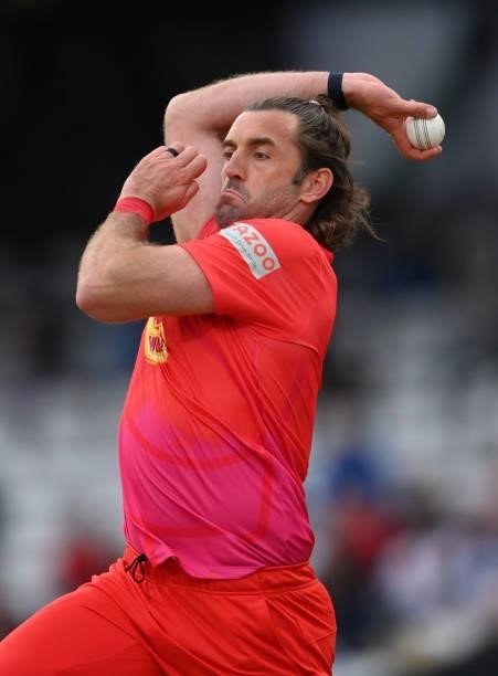 Welsh Fire bowler Liam Plunkett in action during The Hundred match between Northern Superchargers Men and Welsh Fire Men at Emerald Headingley...