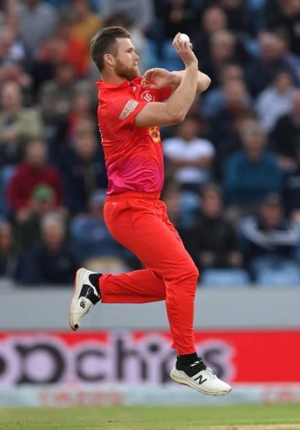 Welsh Fire bowler James Neesham in action during The Hundred match between Northern Superchargers Men and Welsh Fire Men at Emerald Headingley...