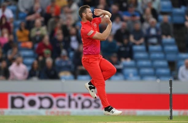 Welsh Fire bowler James Neesham in action during The Hundred match between Northern Superchargers Men and Welsh Fire Men at Emerald Headingley...