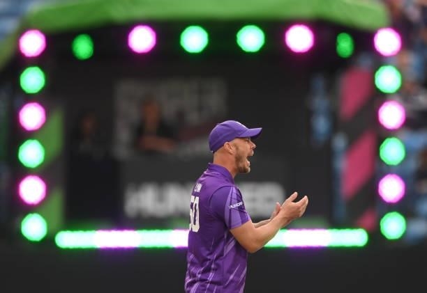Superchargers fielder Chris Lynn reacts during The Hundred match between Northern Superchargers Men and Welsh Fire Men at Emerald Headingley Stadium...