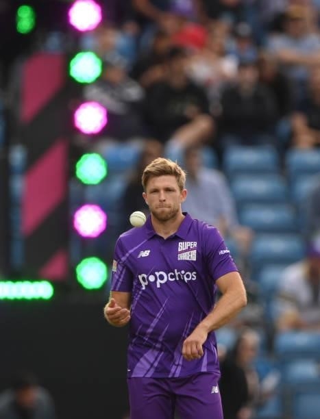Superchargers bowler David Willey prepares to bowl during The Hundred match between Northern Superchargers Men and Welsh Fire Men at Emerald...