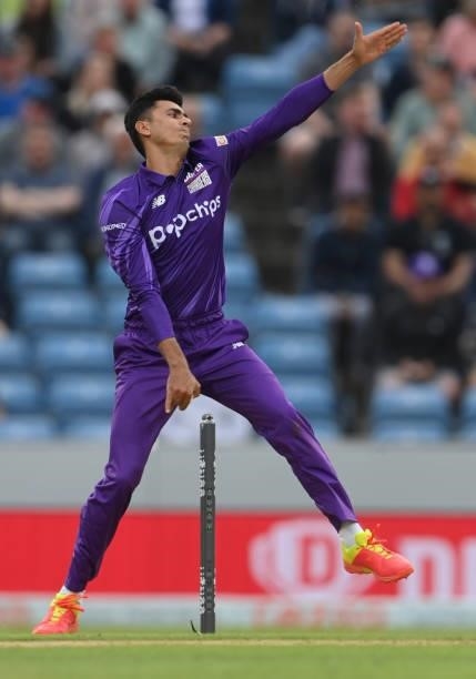 Superchargers bowler Mujeeb Ur Rahman in action during The Hundred match between Northern Superchargers Men and Welsh Fire Men at Emerald Headingley...