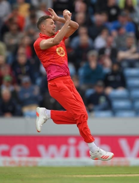 Welsh Fire bowler Jake Ball in action during The Hundred match between Northern Superchargers Men and Welsh Fire Men at Emerald Headingley Stadium on...
