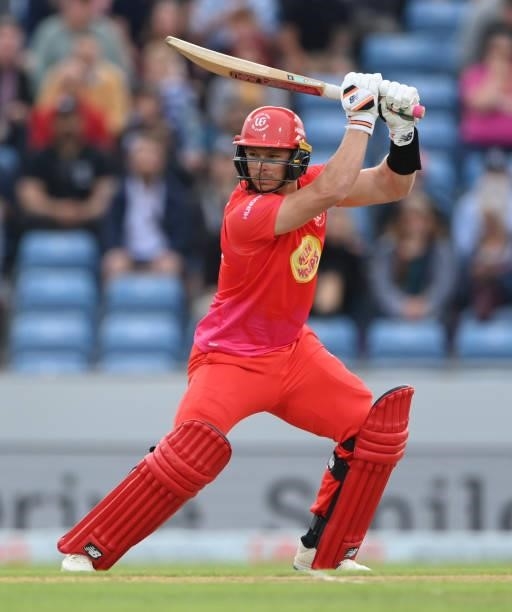 Welsh Fire batsman Glenn Phillips hits out during The Hundred match between Northern Superchargers Men and Welsh Fire Men at Emerald Headingley...
