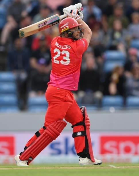 Welsh Fire batsman Glenn Phillips hits out during The Hundred match between Northern Superchargers Men and Welsh Fire Men at Emerald Headingley...