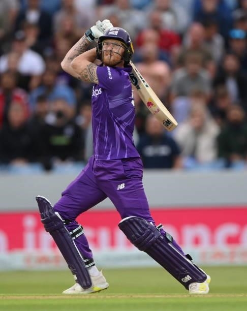 Superchargers captain Ben Stokes hits out during The Hundred match between Northern Superchargers Men and Welsh Fire Men at Emerald Headingley...