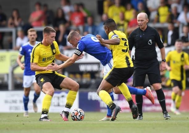 Michael Mancienne of Burton Albion challenges Jamie Vardy of Leicester City during the Pre-Season Friendly match between Burton Albion and Leicester...