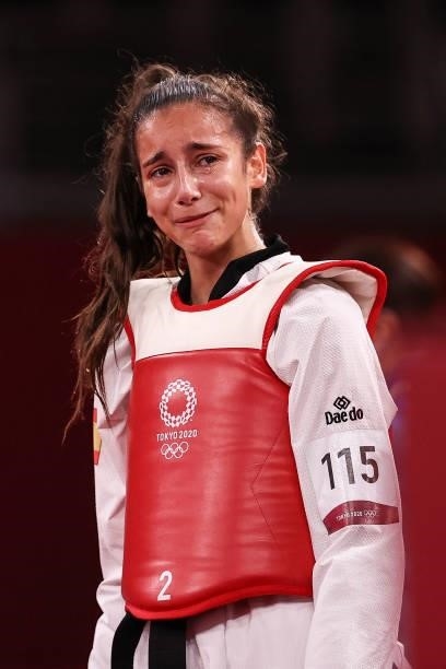 Adriana Cerezo Iglesias of Team Spain reacts after being defeated by Panipak Wongpattanakit of Team Thailand during the Women's -49kg Taekwondo Gold...