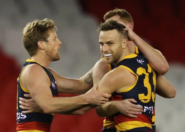 Brodie Smith of the Corws celebrates a goal during the round 20 AFL match between Adelaide Crows and Hawthorn Hawks at Marvel Stadium on July 24,...