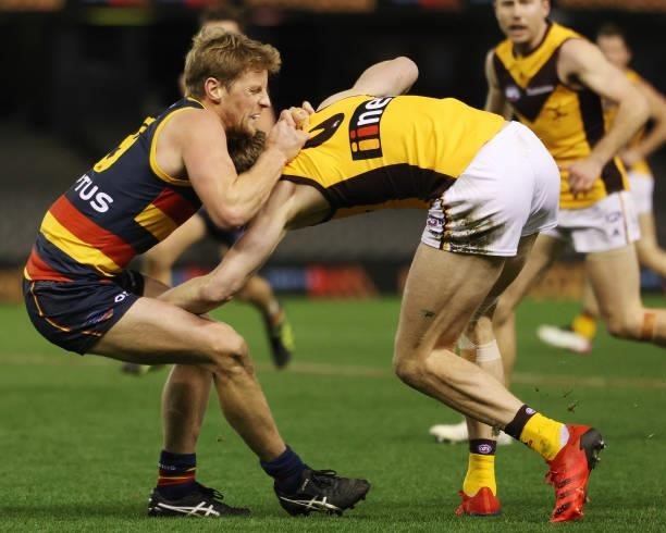 Rory Sloane of the Crows makes a tackle during the round 20 AFL match between Adelaide Crows and Hawthorn Hawks at Marvel Stadium on July 24, 2021 in...
