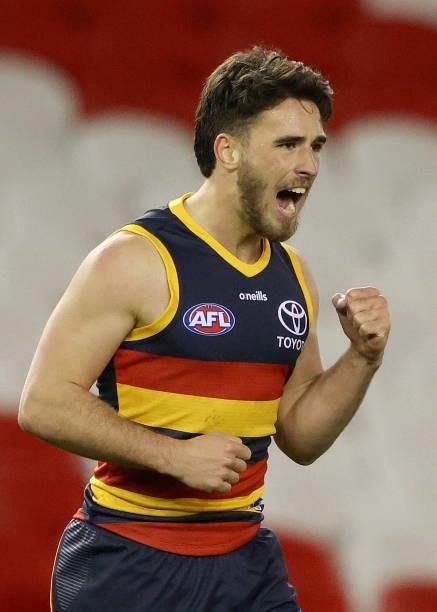 Lachlan Murphy of the Crows celebrates a goal during the round 20 AFL match between Adelaide Crows and Hawthorn Hawks at Marvel Stadium on July 24,...