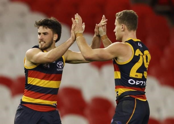 Lachlan Murphy of the Crows celebrates a goal during the round 20 AFL match between Adelaide Crows and Hawthorn Hawks at Marvel Stadium on July 24,...