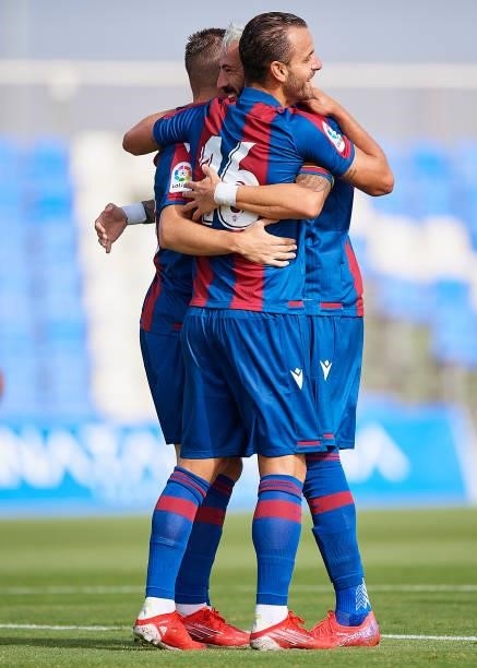 Jose Luis Morales and Roberto Soldado of Levante UD celebrates scoring his team's goal during a Pre-Season friendly match between Levante UD and...