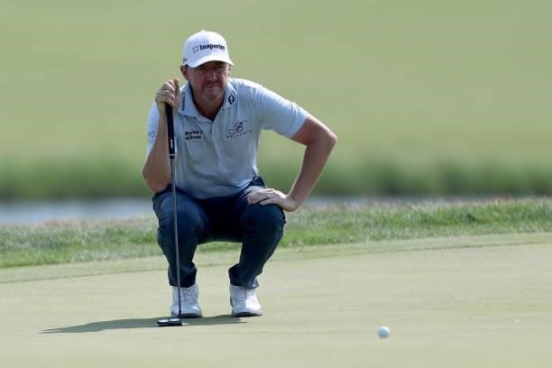 Jimmy Walker lines up a putt on the 17th green during the Third Round of the 3M Open at TPC Twin Cities on July 24, 2021 in Blaine, Minnesota.