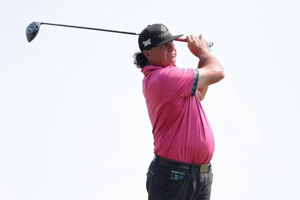 Pat Perez plays his shot from the 18th tee during the Third Round of the 3M Open at TPC Twin Cities on July 24, 2021 in Blaine, Minnesota.