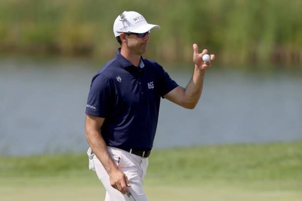 Cameron Tringale reacts after making par on the 14th green during the Third Round of the 3M Open at TPC Twin Cities on July 24, 2021 in Blaine,...