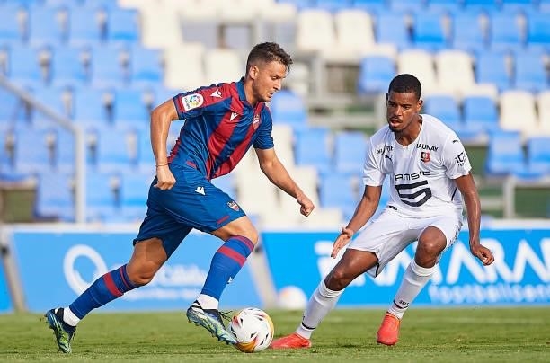 Nemanja Radoja of Levante UD runs with the ball during a Pre-Season friendly match between Levante UD and Stade Rennais at Pinatar Arena on July 24,...