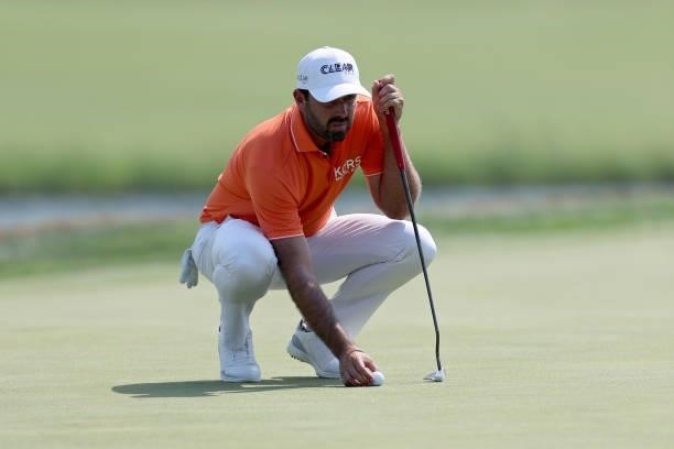 Charl Schwartzel of South Africa lines up a putt on the 17th green during the Third Round of the 3M Open at TPC Twin Cities on July 24, 2021 in...