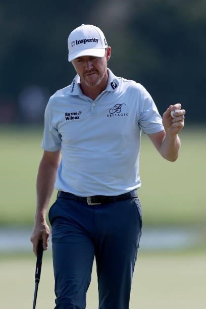 Jimmy Walker reacts after making par on the 17th green during the Third Round of the 3M Open at TPC Twin Cities on July 24, 2021 in Blaine, Minnesota.
