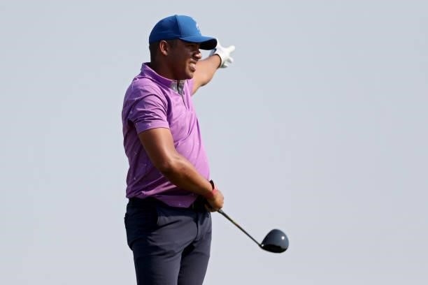 Jhonattan Vegas of Venezuela reacts to his shot from the 18th tee during the Third Round of the 3M Open at TPC Twin Cities on July 24, 2021 in...