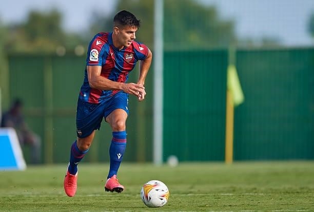 Rober Pier of Levante UD runs with the ball during a Pre-Season friendly match between Levante UD and Stade Rennais at Pinatar Arena on July 24, 2021...