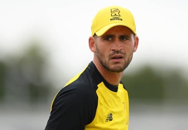 Alex Hales of Trent Rockets looks on before the Hundred Match between Trent Rockets and Southern Brave at Trent Bridge on July 24, 2021 in...