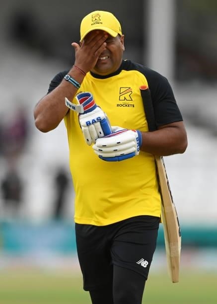 Samit Patel of Trent Rockets wipes his face before the Hundred Match between Trent Rockets and Southern Brave at Trent Bridge on July 24, 2021 in...