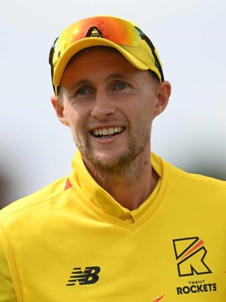 Joe Root of Trent Rockets looks on during the Hundred Match between Trent Rockets and Southern Brave at Trent Bridge on July 24, 2021 in Nottingham,...
