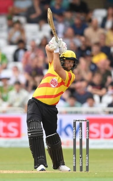 Dawid Malan of Trent Rockets hits out during the Hundred Match between Trent Rockets and Southern Brave at Trent Bridge on July 24, 2021 in...