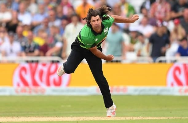 Colin de Grandhomme of Southern Brave bowls during the Hundred Match between Trent Rockets and Southern Brave at Trent Bridge on July 24, 2021 in...