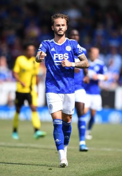 James Maddison of Leicester City during the Pre-Season Friendly match between Burton Albion and Leicester City at Pirelli Stadium on July 24, 2021 in...