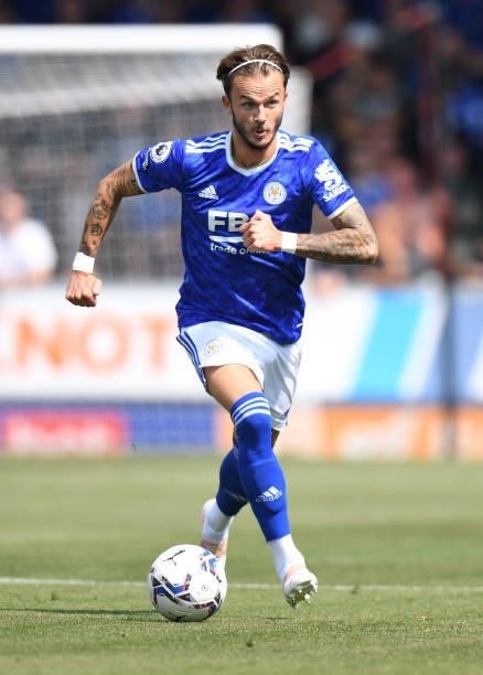 James Maddison of Leicester City during the Pre-Season Friendly match between Burton Albion and Leicester City at Pirelli Stadium on July 24, 2021 in...