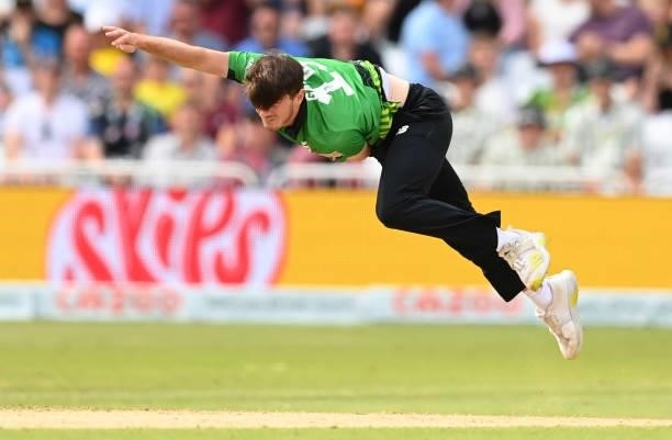George Garton of Southern Brave bowls during the Hundred Match between Trent Rockets and Southern Brave at Trent Bridge on July 24, 2021 in...