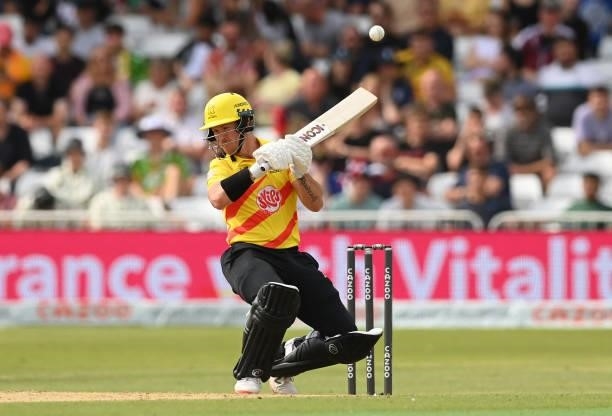 Arcy Short of Trent Rockets hits a four during the Hundred Match between Trent Rockets and Southern Brave at Trent Bridge on July 24, 2021 in...