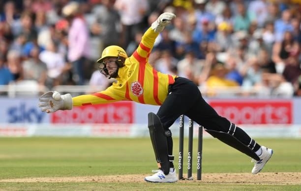 Tom Moores of Trent Rockets ceatches the ball during the Hundred Match between Trent Rockets and Southern Brave at Trent Bridge on July 24, 2021 in...