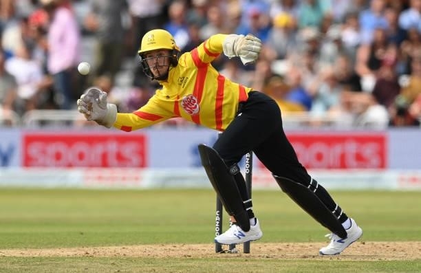 Tom Moores of Trent Rockets ceatches the ball during the Hundred Match between Trent Rockets and Southern Brave at Trent Bridge on July 24, 2021 in...