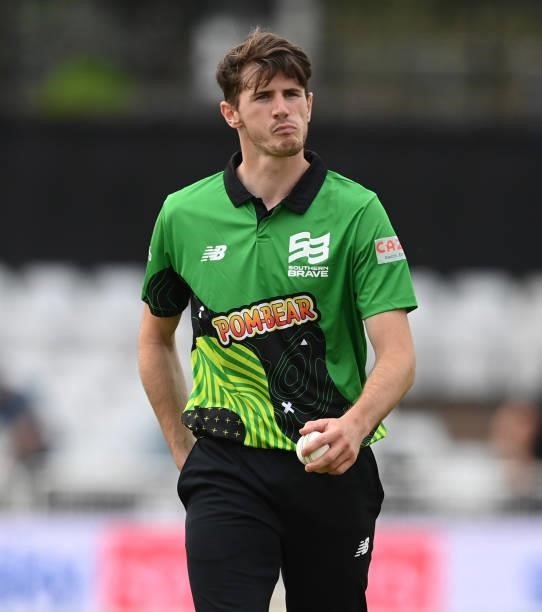 George Garton of Southern Brave looks on during the Hundred Match between Trent Rockets and Southern Brave at Trent Bridge on July 24, 2021 in...
