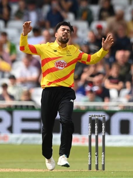 Rashid Khan of Trent Rockets reacts during the Hundred Match between Trent Rockets and Southern Brave at Trent Bridge on July 24, 2021 in Nottingham,...