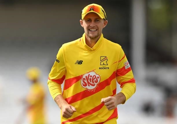 Joe Root of Trent Rockets looks on during the Hundred Match between Trent Rockets and Southern Brave at Trent Bridge on July 24, 2021 in Nottingham,...