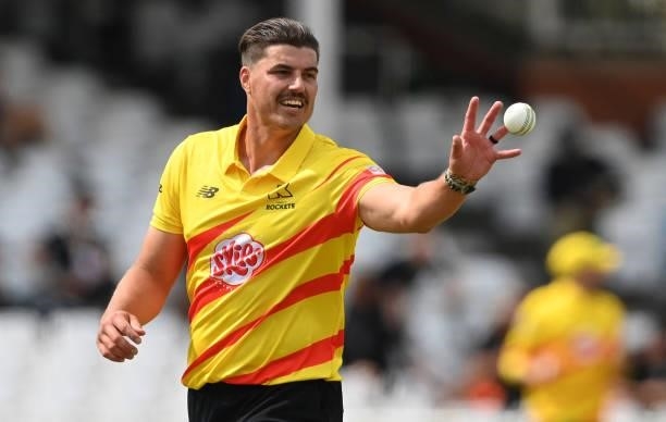 Marchant de Lange of Trent Rockets catches the ball during the Hundred Match between Trent Rockets and Southern Brave at Trent Bridge on July 24,...