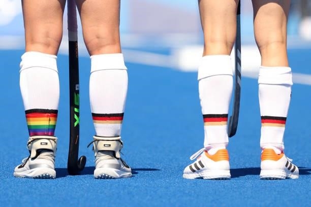 Detailed view of the LGBT band around the leg of Nike Lorenz of Team Germany prior to the Women's Pool A match against Team Great Britain on day two...