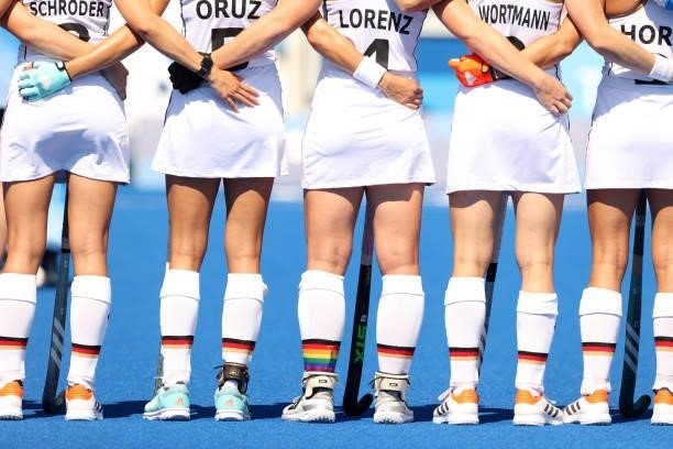 Anne Katarina Schroder, Selin Oruz, Nike Lorenz, Amelie Wortmann and Kira Horn of Team Germany stand for the national anthem prior to the Women's...