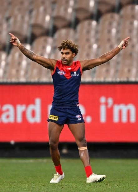 Kysaiah Pickett of the Demons celebrates kicking a goal during the round 20 AFL match between Melbourne Demons and Western Bulldogs at Melbourne...