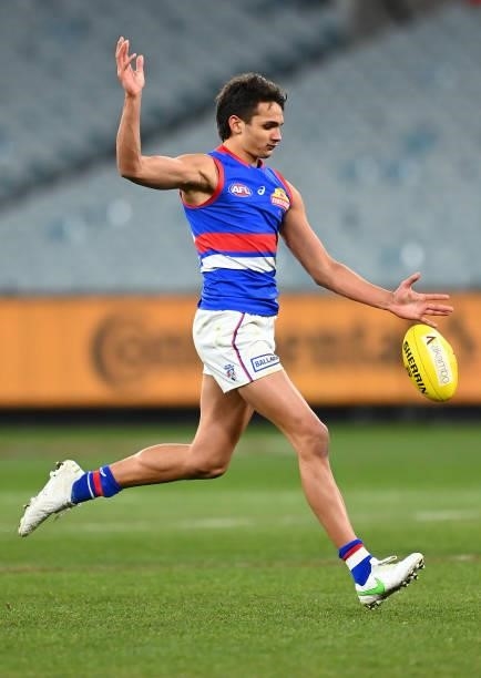 Jamarra Ugle-Hagan of the Bulldogs kicks during the round 20 AFL match between Melbourne Demons and Western Bulldogs at Melbourne Cricket Ground on...