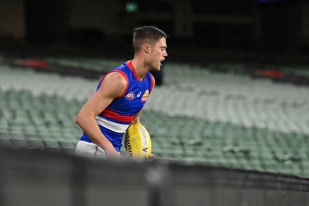 Josh Schache of the Bulldogs collects the ball from in the grandstand during the round 20 AFL match between Melbourne Demons and Western Bulldogs at...