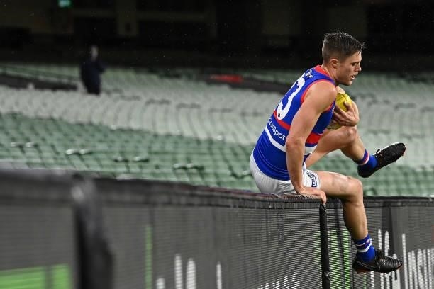 Josh Schache of the Bulldogs collects the ball from in the grandstand during the round 20 AFL match between Melbourne Demons and Western Bulldogs at...