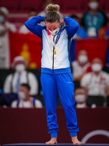 Distria Krasniqi of Kosovo, winner of gold medal during the Medal Ceremony of Judo during the Tokyo 2020 Olympic Games at the Nippon Budokan on July...